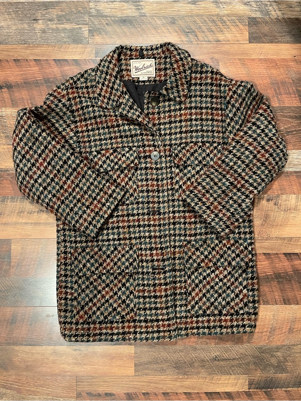 Vintage Woolrich Men's Houndstooth Coat in Brown, Black & Rust
